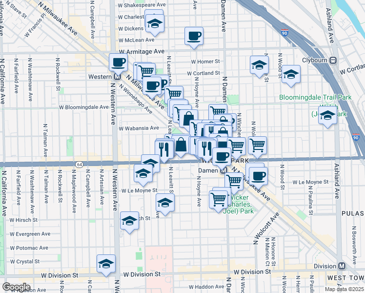 map of restaurants, bars, coffee shops, grocery stores, and more near 2124 West Concord Place in Chicago