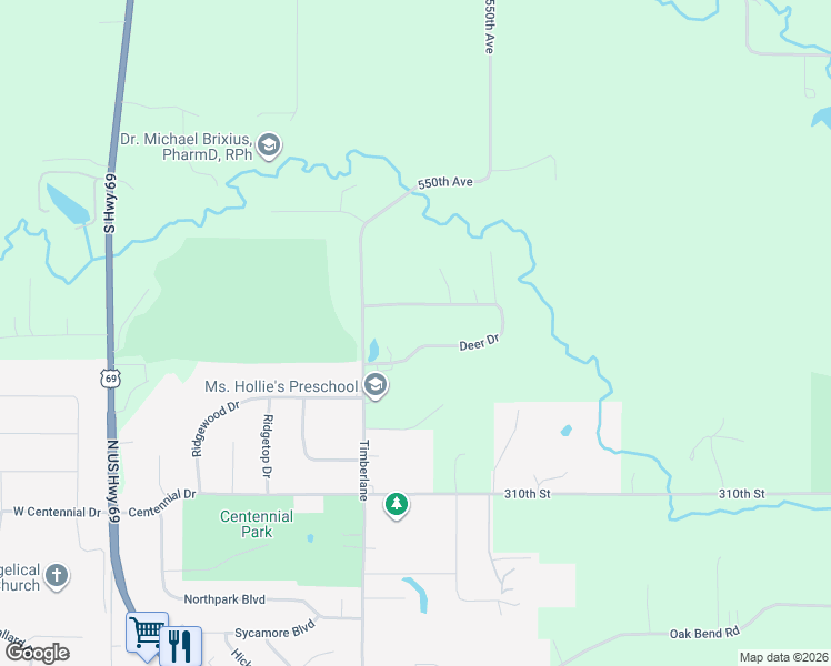 map of restaurants, bars, coffee shops, grocery stores, and more near 30757 Deer Dr in Huxley