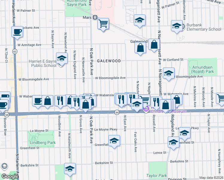 map of restaurants, bars, coffee shops, grocery stores, and more near 1717 North Normandy Avenue in Chicago