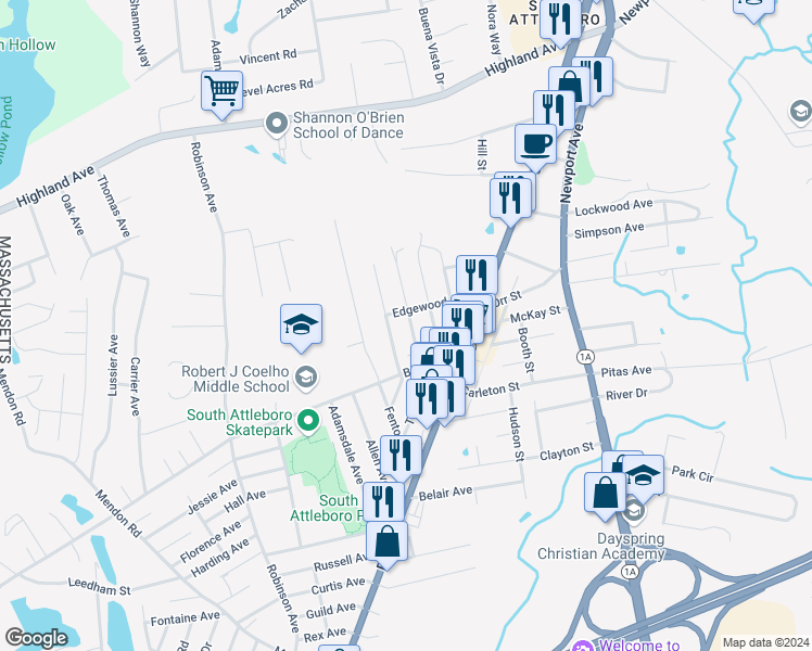 map of restaurants, bars, coffee shops, grocery stores, and more near 36 Sycamore Avenue in Attleboro