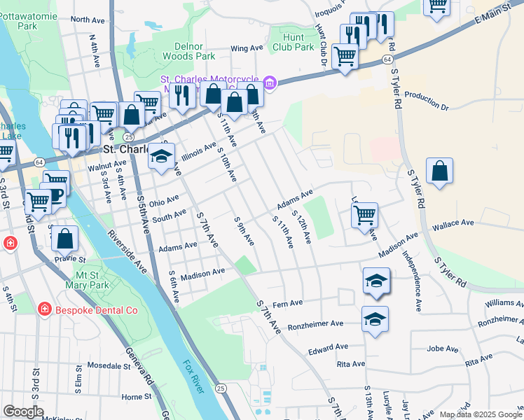 map of restaurants, bars, coffee shops, grocery stores, and more near 1020 Adams Avenue in St. Charles