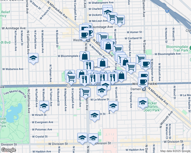 map of restaurants, bars, coffee shops, grocery stores, and more near 1635 North Claremont Avenue in Chicago