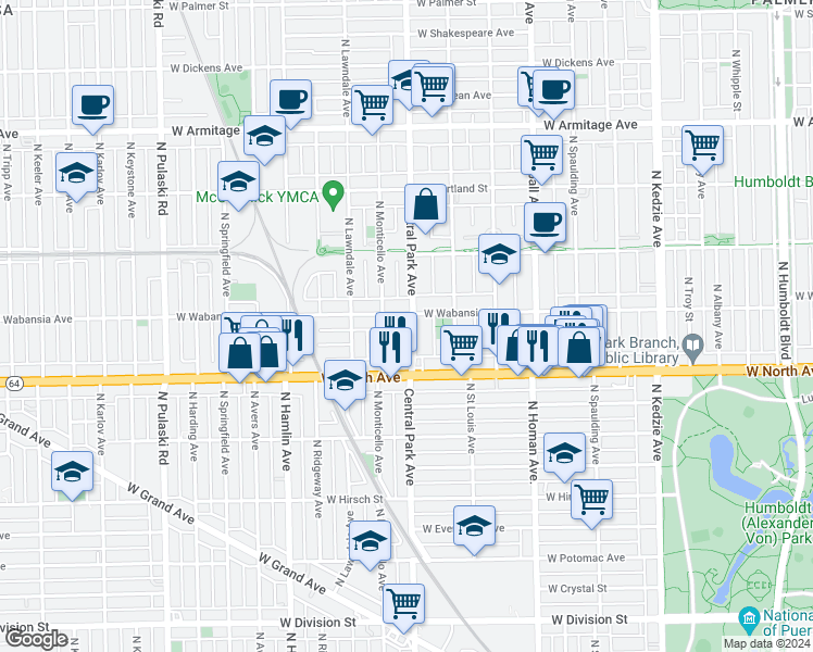 map of restaurants, bars, coffee shops, grocery stores, and more near 1646 North Central Park Avenue in Chicago