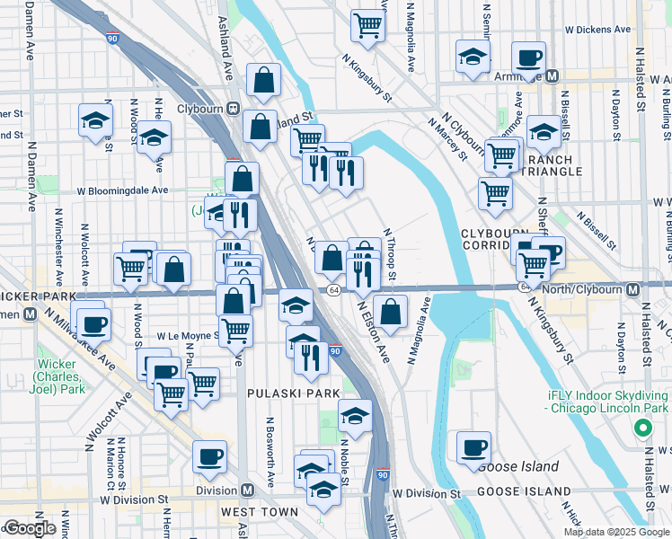 map of restaurants, bars, coffee shops, grocery stores, and more near 1628 North Elston Avenue in Chicago