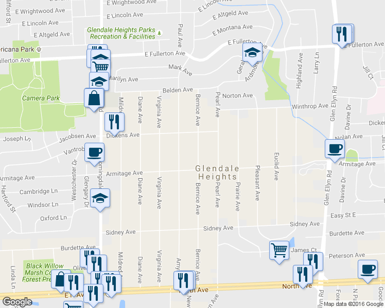 map of restaurants, bars, coffee shops, grocery stores, and more near 2N450 Bernice Avenue in Glen Ellyn