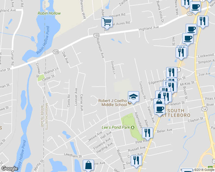 map of restaurants, bars, coffee shops, grocery stores, and more near 170 Robinson Avenue in Attleboro