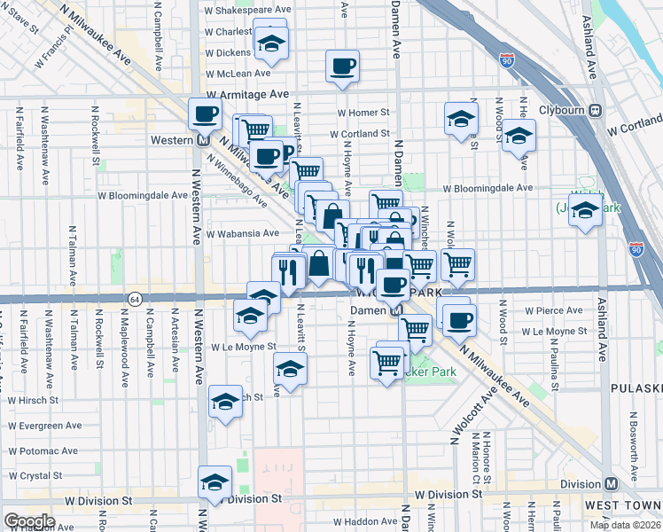 map of restaurants, bars, coffee shops, grocery stores, and more near 2124 West Concord Place in Chicago