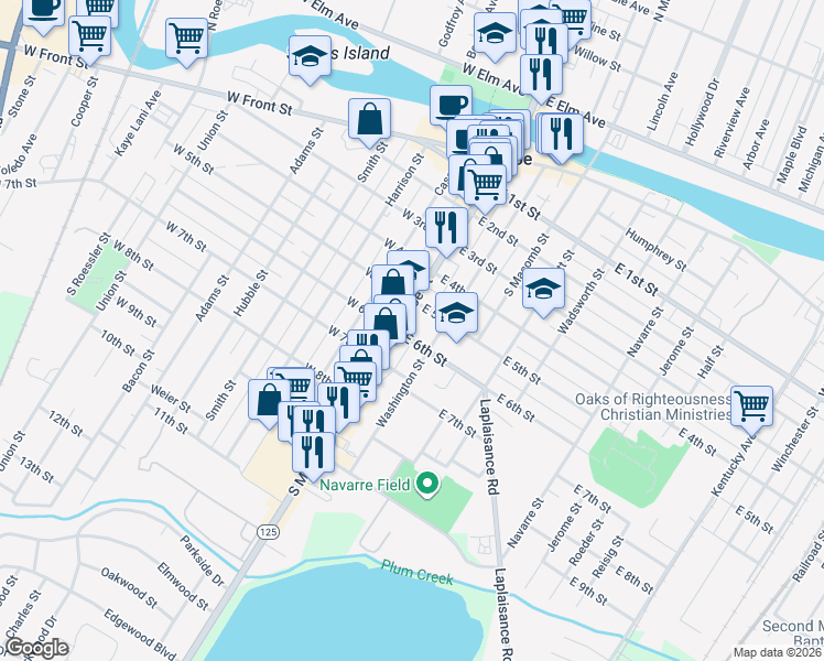 map of restaurants, bars, coffee shops, grocery stores, and more near 511 South Monroe Street in Monroe