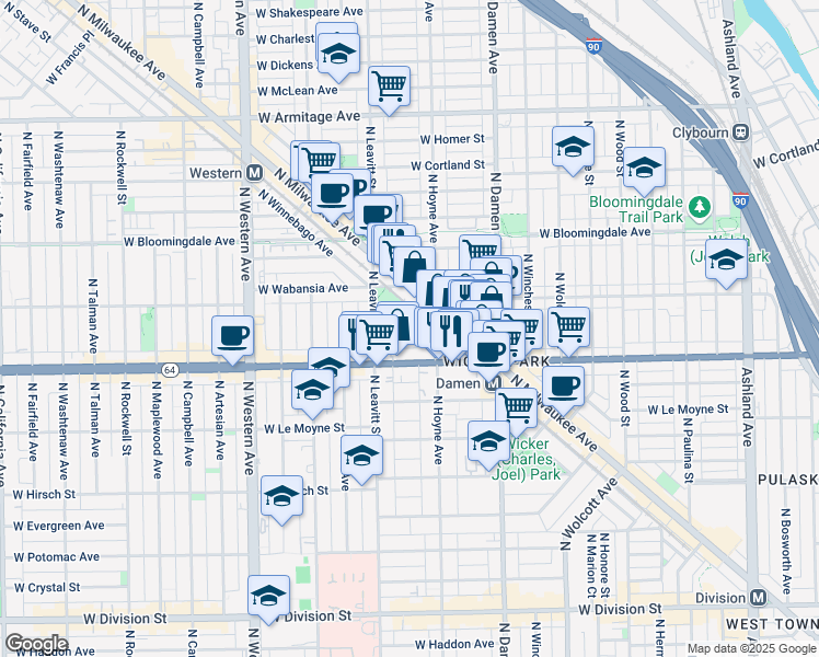 map of restaurants, bars, coffee shops, grocery stores, and more near 2124 West Concord Place in Chicago