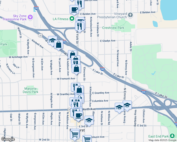 map of restaurants, bars, coffee shops, grocery stores, and more near 140 East Lake Street in Elmhurst