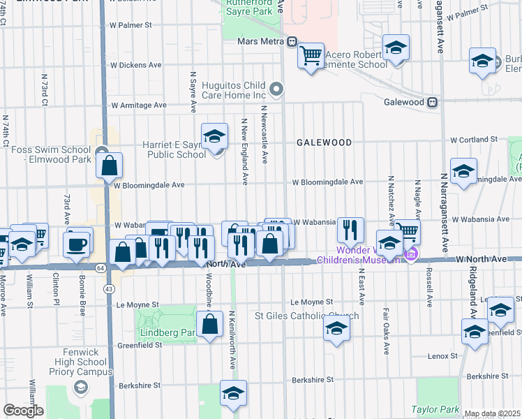 map of restaurants, bars, coffee shops, grocery stores, and more near 1718 N Newcastle Ave in Chicago