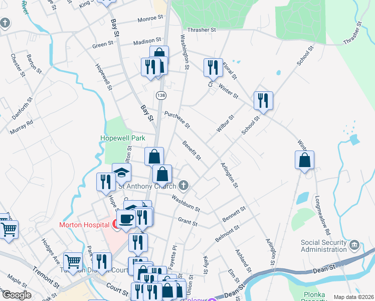 map of restaurants, bars, coffee shops, grocery stores, and more near 26 Benefit Street in Taunton