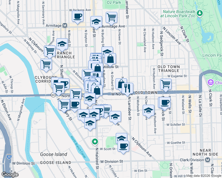 map of restaurants, bars, coffee shops, grocery stores, and more near 1614 North Orchard Street in Chicago