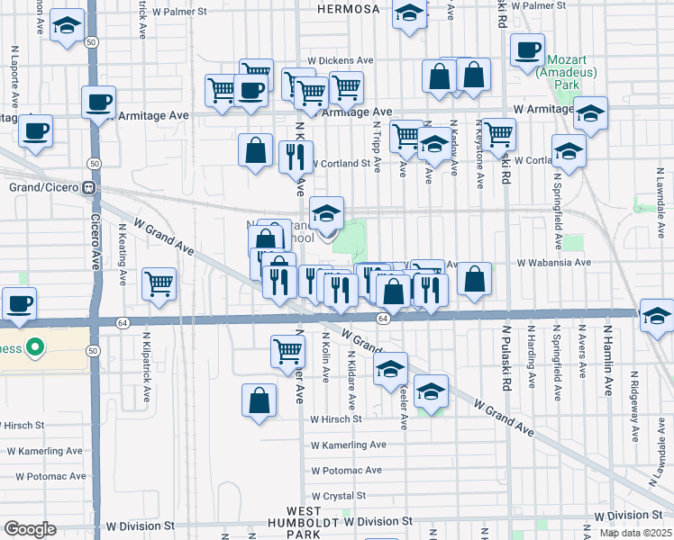 map of restaurants, bars, coffee shops, grocery stores, and more near 1659 North Lowell Avenue in Chicago