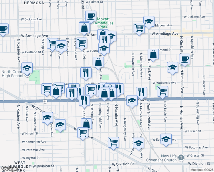 map of restaurants, bars, coffee shops, grocery stores, and more near 1650 North Avers Avenue in Chicago