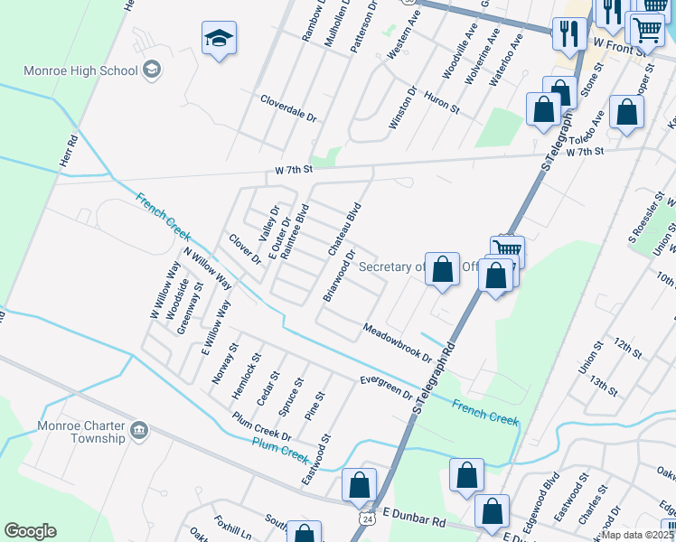 map of restaurants, bars, coffee shops, grocery stores, and more near 1212 Briarwood Drive in Monroe