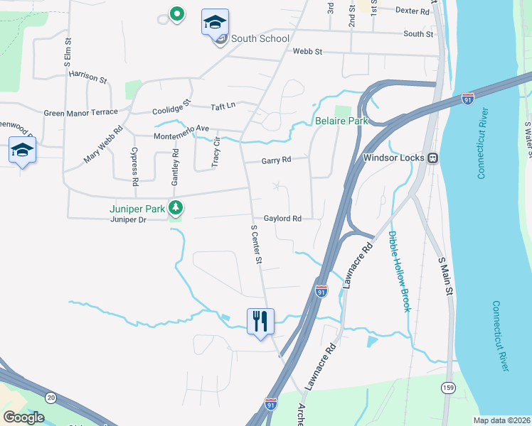 map of restaurants, bars, coffee shops, grocery stores, and more near 54 Gaylord Road in Windsor Locks