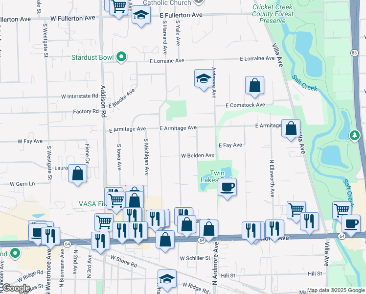 map of restaurants, bars, coffee shops, grocery stores, and more near 1120 North Princeton Avenue in Villa Park