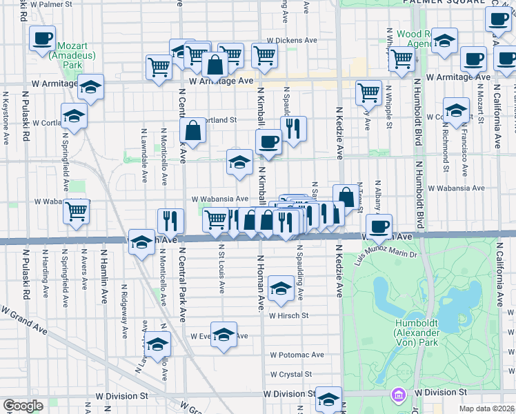 map of restaurants, bars, coffee shops, grocery stores, and more near 1646 North Kimball Avenue in Chicago