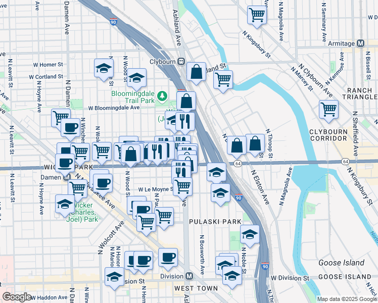 map of restaurants, bars, coffee shops, grocery stores, and more near 1629 North Ashland Avenue in Chicago