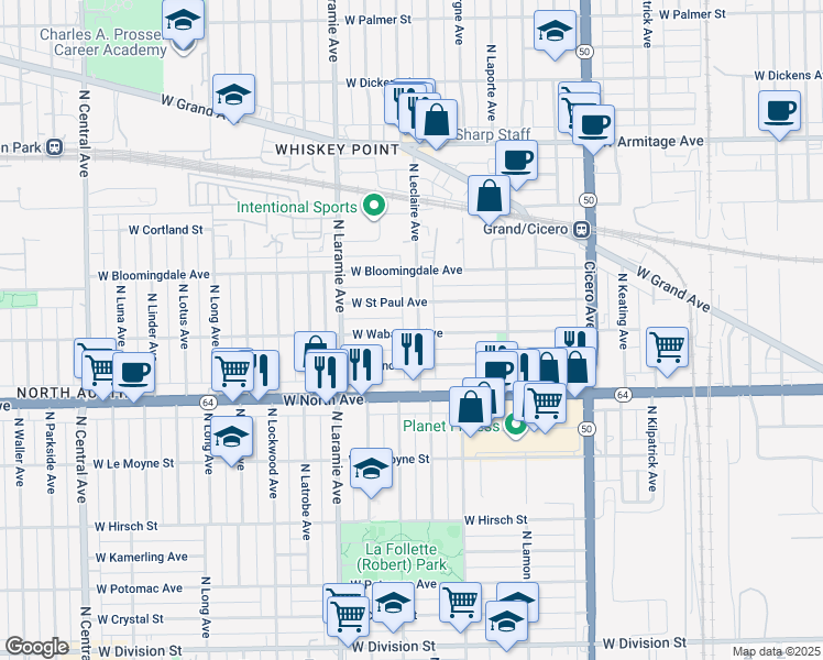 map of restaurants, bars, coffee shops, grocery stores, and more near 1700 North Leclaire Avenue in Chicago