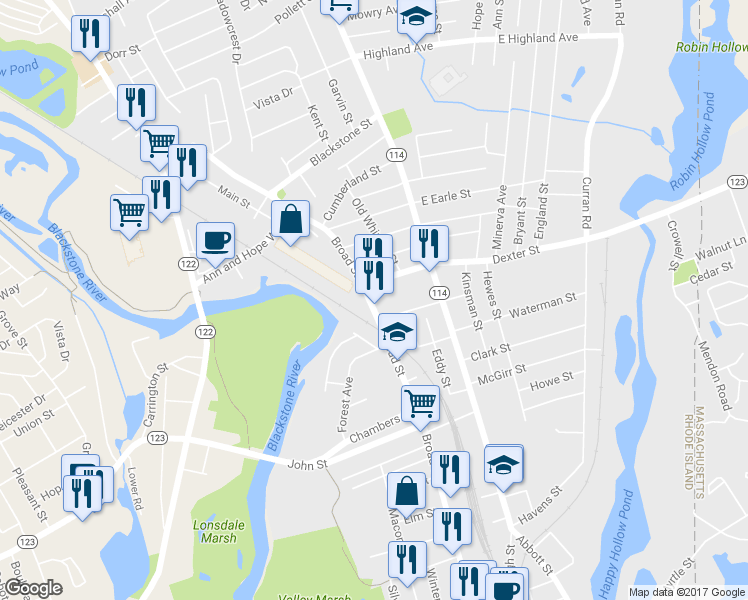 map of restaurants, bars, coffee shops, grocery stores, and more near 433 Broad Street in Cumberland
