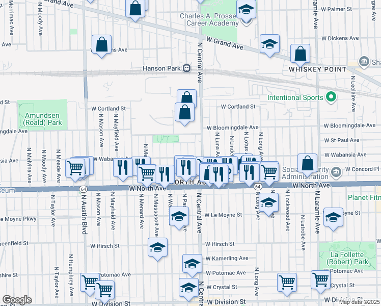 map of restaurants, bars, coffee shops, grocery stores, and more near 1707 North Parkside Avenue in Chicago