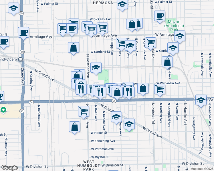 map of restaurants, bars, coffee shops, grocery stores, and more near 1657 North Kildare Avenue in Chicago
