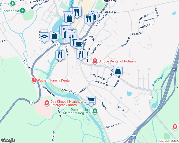map of restaurants, bars, coffee shops, grocery stores, and more near 19 Bradley Street in Putnam
