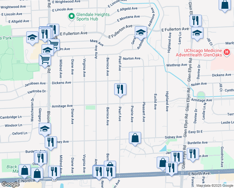 map of restaurants, bars, coffee shops, grocery stores, and more near 2N444 Pearl Avenue in Glendale Heights