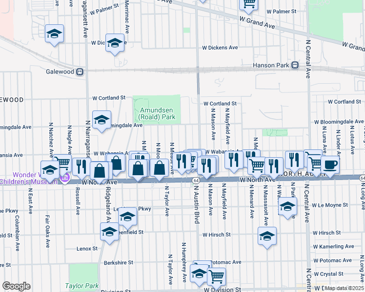 map of restaurants, bars, coffee shops, grocery stores, and more near 1712 North McVicker Avenue in Chicago