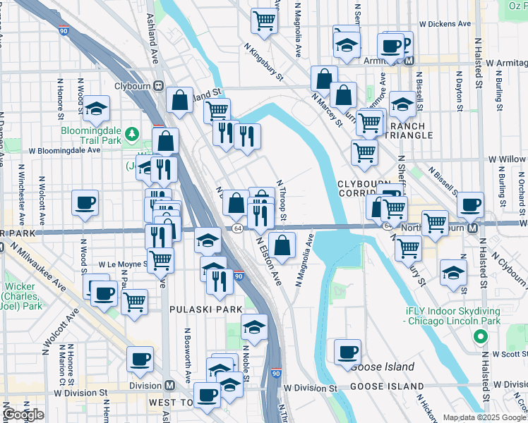 map of restaurants, bars, coffee shops, grocery stores, and more near 1628 North Ada Street in Chicago