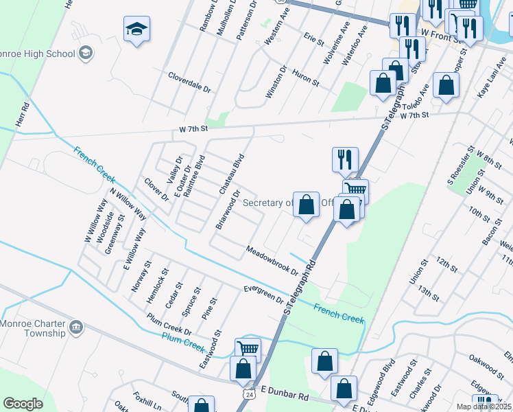 map of restaurants, bars, coffee shops, grocery stores, and more near 1766 Old Timber Drive in Monroe