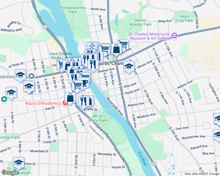 map of restaurants, bars, coffee shops, grocery stores, and more near 316 South 3rd Avenue in St. Charles