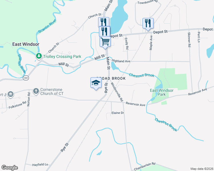 map of restaurants, bars, coffee shops, grocery stores, and more near 7 Rye Street in East Windsor