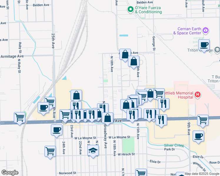 map of restaurants, bars, coffee shops, grocery stores, and more near 1978 North 18th Avenue in Melrose Park