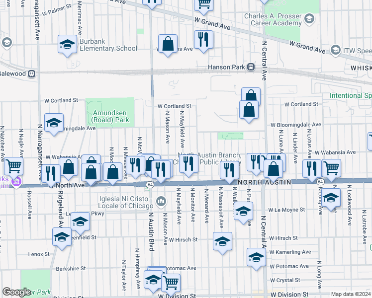 map of restaurants, bars, coffee shops, grocery stores, and more near 1711 North Mayfield Avenue in Chicago