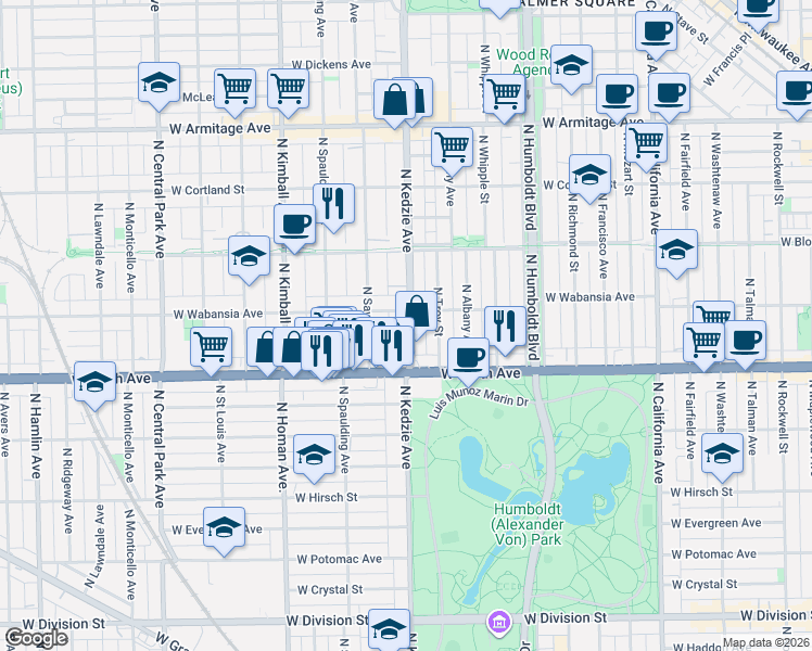 map of restaurants, bars, coffee shops, grocery stores, and more near 1644 North Kedzie Avenue in Chicago