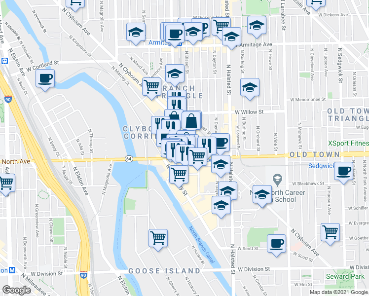 map of restaurants, bars, coffee shops, grocery stores, and more near 1615 North Sheffield Avenue in Chicago