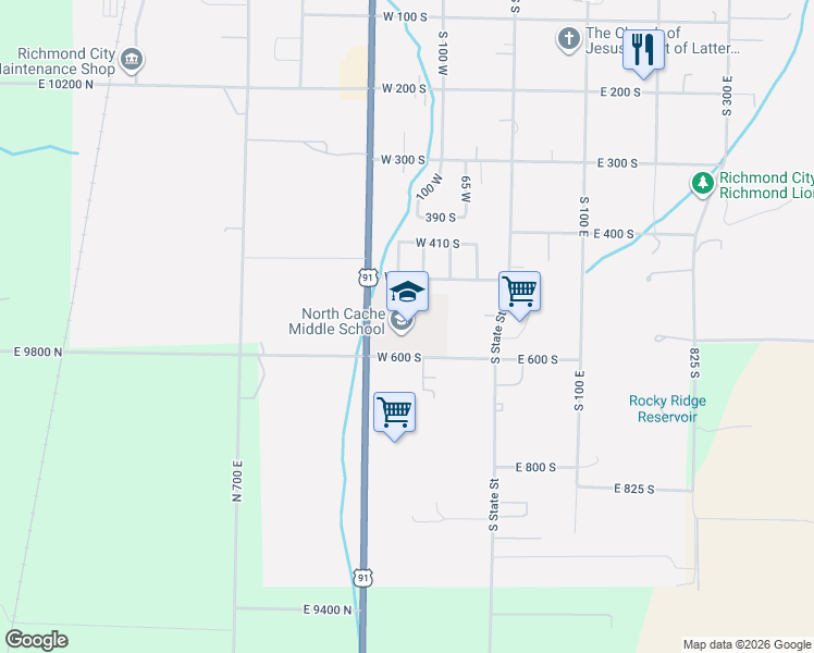 map of restaurants, bars, coffee shops, grocery stores, and more near 157 West 600 South in Richmond