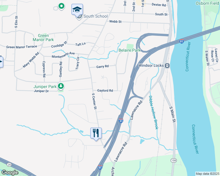 map of restaurants, bars, coffee shops, grocery stores, and more near 32 Gaylord Road in Windsor Locks