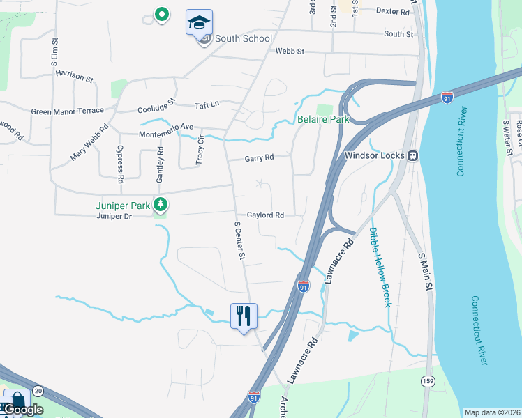 map of restaurants, bars, coffee shops, grocery stores, and more near 54 Gaylord Road in Windsor Locks