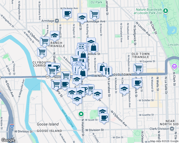 map of restaurants, bars, coffee shops, grocery stores, and more near 1614 North Orchard Street in Chicago