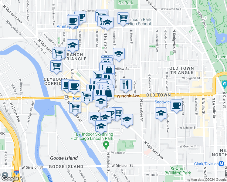 map of restaurants, bars, coffee shops, grocery stores, and more near in Chicago