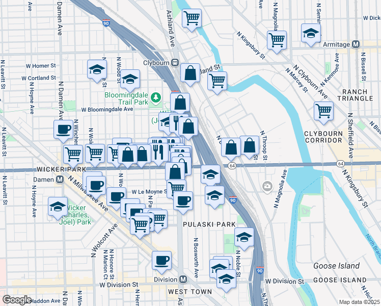 map of restaurants, bars, coffee shops, grocery stores, and more near 1631 North Bosworth Avenue in Chicago
