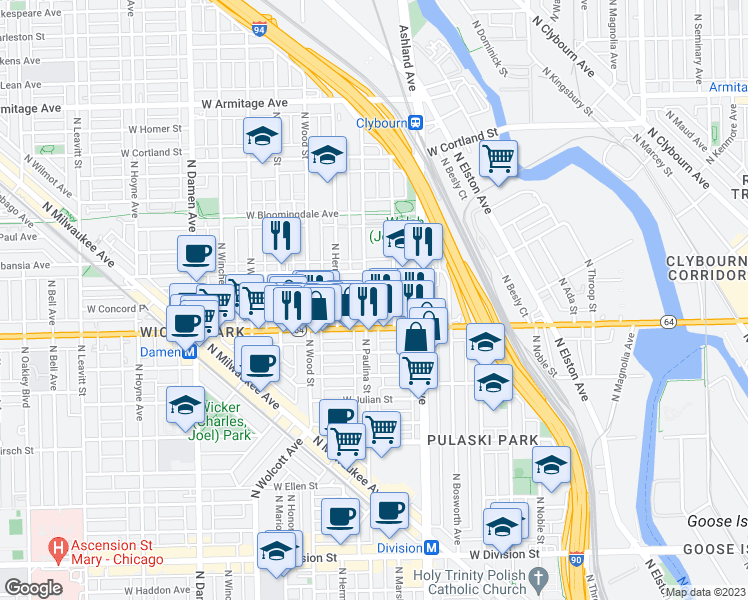 map of restaurants, bars, coffee shops, grocery stores, and more near 1628 North Paulina Street in Chicago