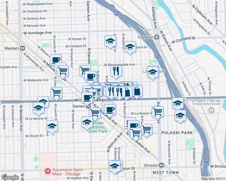 map of restaurants, bars, coffee shops, grocery stores, and more near 1629 North Honore Street in Chicago