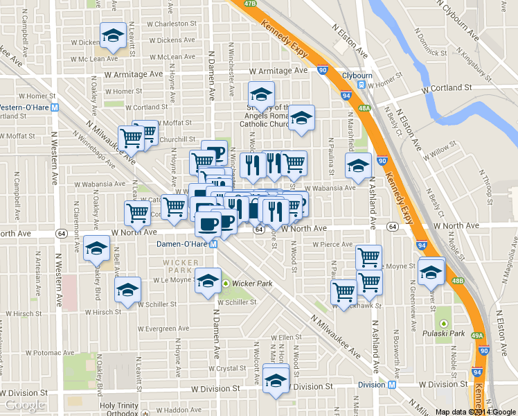 map of restaurants, bars, coffee shops, grocery stores, and more near 1635 North Wolcott Avenue in Chicago