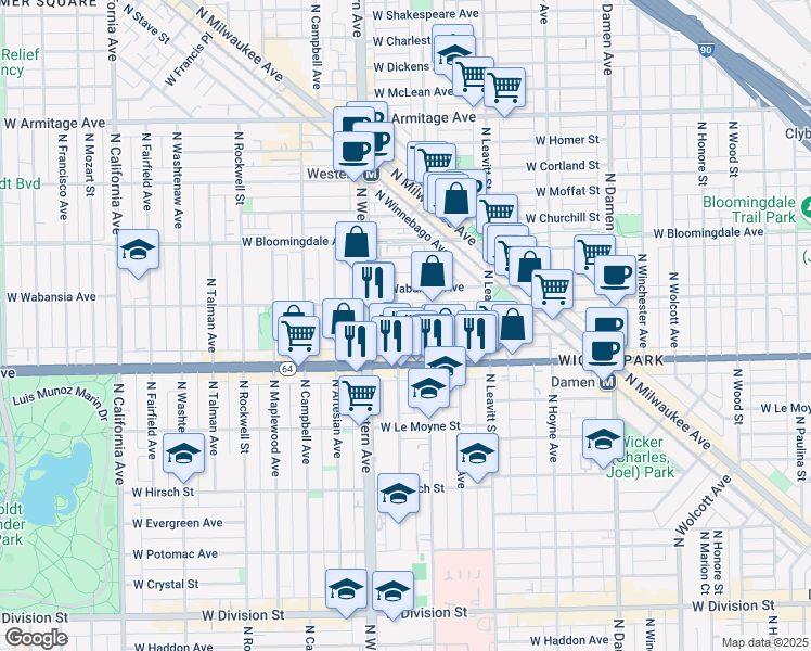 map of restaurants, bars, coffee shops, grocery stores, and more near 1635 North Claremont Avenue in Chicago