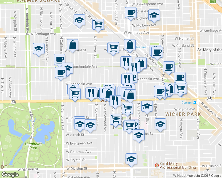 map of restaurants, bars, coffee shops, grocery stores, and more near 1638 North Campbell Avenue in Chicago